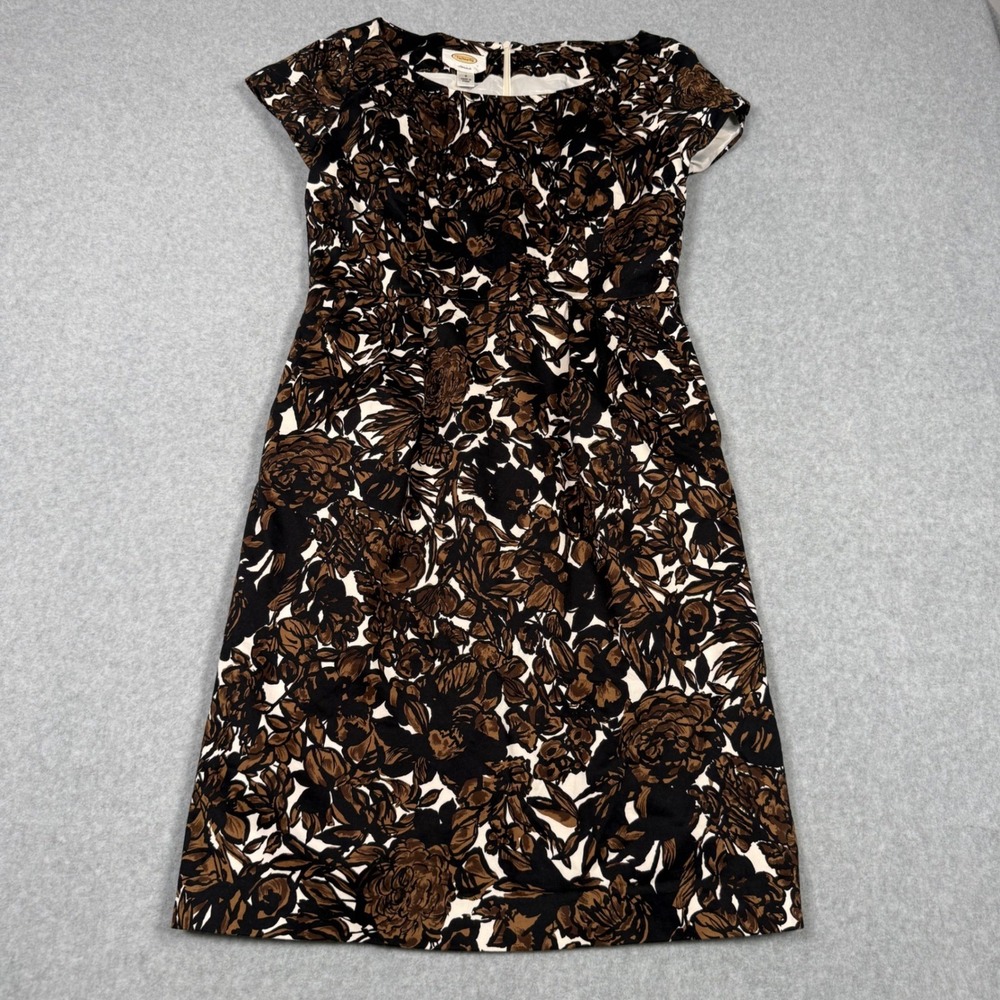 Talbots Womens Size 8 Brown Black Floral Cotton Stretch Sheath Dress Cap Sleeve
